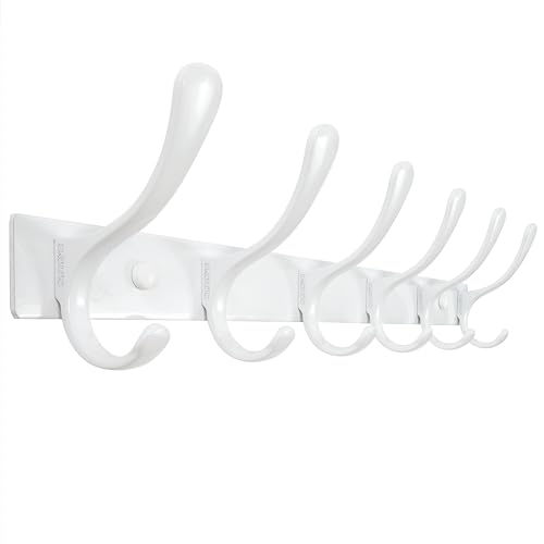 SKOLOO Heavy Duty Wall Mounted Coat Rack - 6 Hooks, Stainless Steel, Sturdy Coat Hooks for Hanging Clothes, Jacket, Hat, White