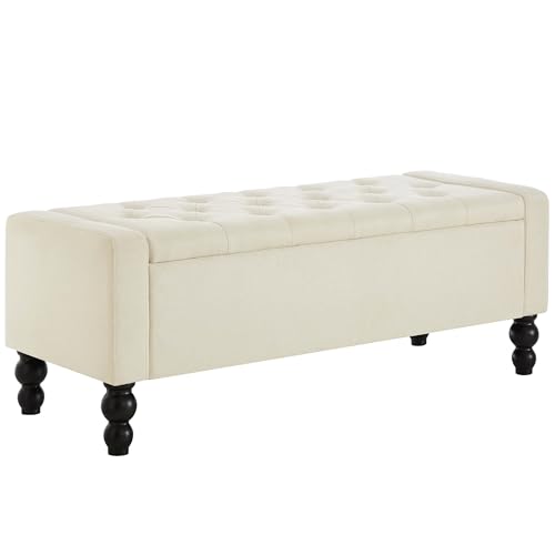 50" W Storage Ottoman Bench with Safety Hinge, Load up to 660 lb Ottoman with Storage, Upholstered Tufted Entryway Bench with Seating for Living Room, Bedroom, (Beige)