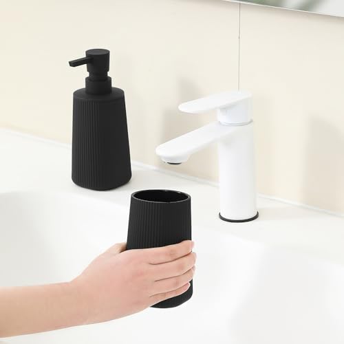 Bathroom Soap Dispenser and Toothbrush Holder Striped Black | Bathroom Accessories Set 2 Piece for Bathroom Countertop Storage and Decor