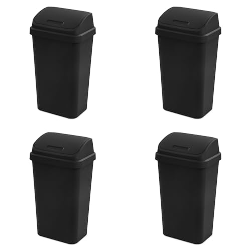 Sterilite Swing Top Wastebasket, Trash Can, 13 Gallon, Black, 4-Pack | Sleek Square Profile Modern Garbage Bin for Kitchen, Bathroom, Garage and Workspace, Fits 13 Gal Liners