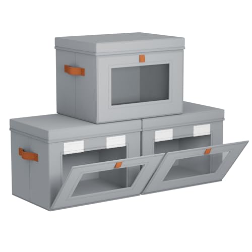 Storage Bins with Lids - Front Opening Storage Box with Clear Window & Handles, Stackable Foldable Fabric Bins for Closet Organization, Clothes, Sweaters, Towels, Blankets, 3 Pack, Grey