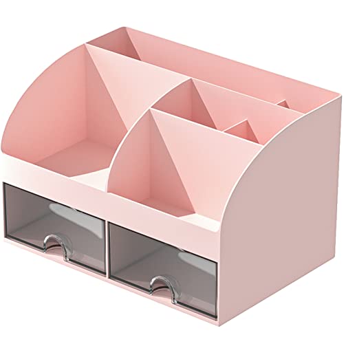COMFYROOM Desk Organizer with 6 Compartments and 2 Drawers, Plastic Makeup Organizer, Pen Holder for Desktop Storage, Desk Organization for School, Home, Office Supplies (Pink)