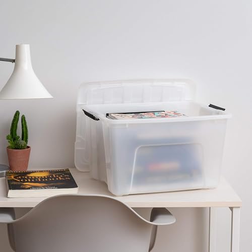 IRIS USA 6-Pack 40 Quart Storage Bins with Lids, Pearl | Conceals contents for a clean look. Perfect for moving, blankets, clothing, and garage storage. Nestable design saves space