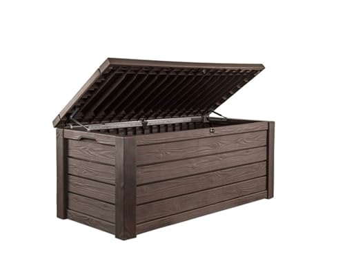 Keter 150 Gallon Resin Large Deck Box Organization and Storage Box for Patio, Outdoor Cushions, Garden Tools, Brown | Brown, Resin, Large, Weatherproof, Lockable, Hydraulic Pistons, Easy Assembly, Organization, Patio Cushions Storage