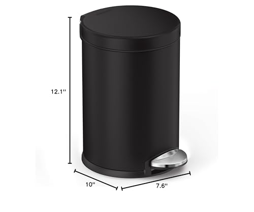 simplehuman Round Step Can, 4.5L / 1.2 Gallon Compact Bathroom Trash Can, 150,000-Step Pedal, Lid Shox® Silent Close, Removable Inner Bucket, Matte Black Steel