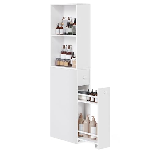 VASAGLE Slim Bathroom Storage Cabinet, Narrow Freestanding Cabinet with Storage Drawers and Adjustable Shelf, for Small Spaces, Modern Style, Cloud White UBBK567T14S