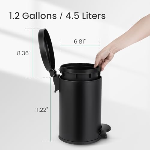 Cesun Small Round Bathroom Trash Can with Lid Soft Close, 1.2 Gal, Black | Removable Inner Bucket, Stainless Steel Garbage Can for Bedroom/Office, Hands-Free Step Pedal, Fingerprint-Resistant