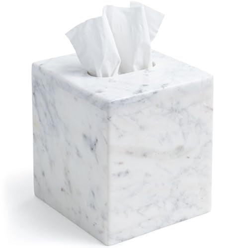 Cork & Mill Marble Tissue Box Cover for Kleenex and More, Square Cube | Real Solid White Stone, Facial Tissue Dispenser Holder for Bathroom Counter, Large Decorative Accessory Container