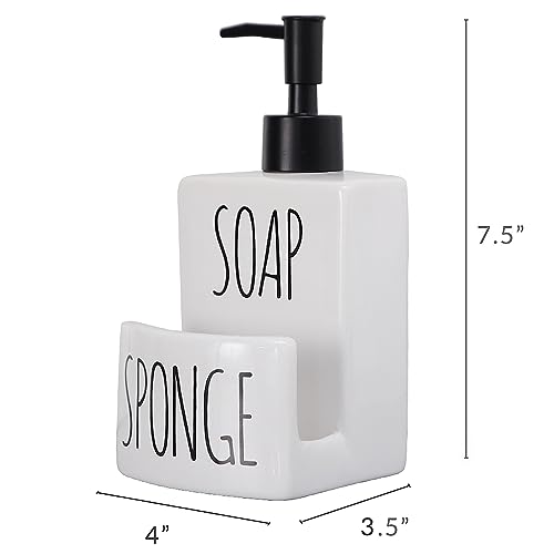 Ceramic Dish soap Dispenser with Sponge Holder Hand and Dish Soap Dispenser Set for Kitchen 2-in-1 Countertop Soap Pump Dispenser for Kitchen Sink, Useful Kitchen Gadgets - Modern Farmhouse White