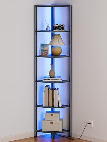 6 Tier Corner Shelf with LED Light, 67.5" Black Na... (Black Oak | Wood)