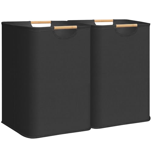 STORAGE MANIAC 2-Pack Large Laundry Hamper, 100L (26.4 Gal) Collapsible Laundry Basket with Bamboo Handles, Freestanding Waterproof Clothes Hamper for Laundry Room, Bedroom, Dorm, Towels, Black
