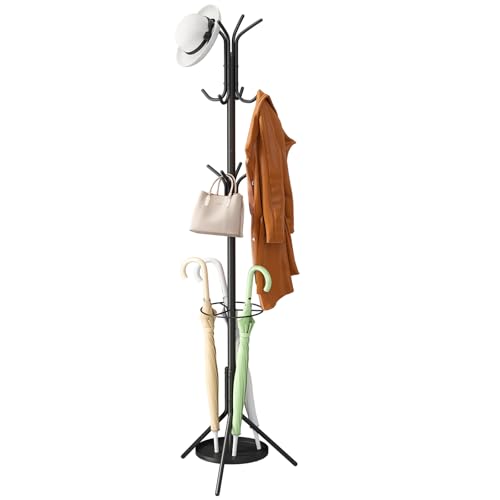 Coat Rack Freestanding,Entryway Hanger Stand,Umbrella Holder,Hall Tree With 12 Hooks, Floor Standing Metal Tree Stand,Black