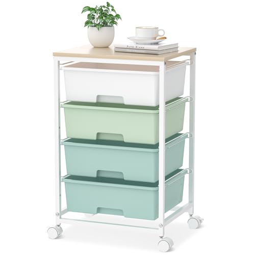 SYKIARIOL Rolling Cart with Drawers, 4-Drawer Utility Cart, Green | Rolling Storage Cart with Drawers, Storage Rolling Drawer Cart with Wooden Tabletop for Bedroom, Dorm, Classroom, Office