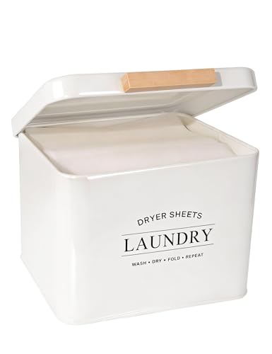 Dryer Sheet Holder with Hinged Lid for Laundry Room Organization, Metal Farmhouse Dryer Sheet Container, Laundry Room Decor and Accessories (Cream)