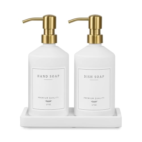 Gold Soap Dispenser Set, Glass Hand and Dish Soap Dispenser Set with Tray,Stainless Pump,14 Stickers for Kitchen,Bathroom Soap and Lotion Dispenser,Modern Counter Decor (White Bottle/Gold Pump)