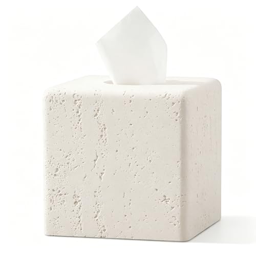 Tissue Box Cover Square, Modern Facial Tissue Holder,Cream | Luxurious Travertine Stone Look, Decorative Toilet Paper Dispenser, For Home Decor Bedroom Living Room Office Hotel Cafe Bar