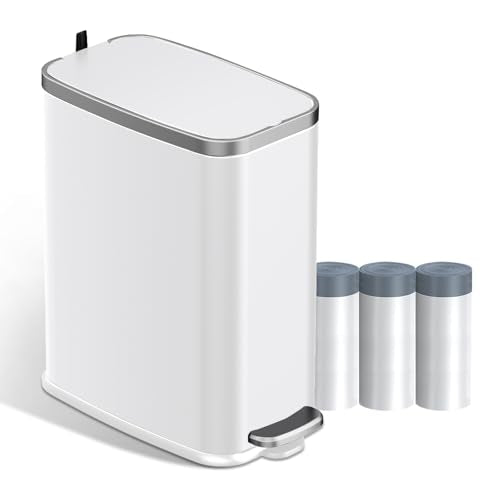 KdbK Stainless Steel Bathroom Trash Can with Lid Soft Close,1.6 Gallon Slim Garbage can,Small Metal Step Wastebasket for Office, Bedroom, Toilet, White
