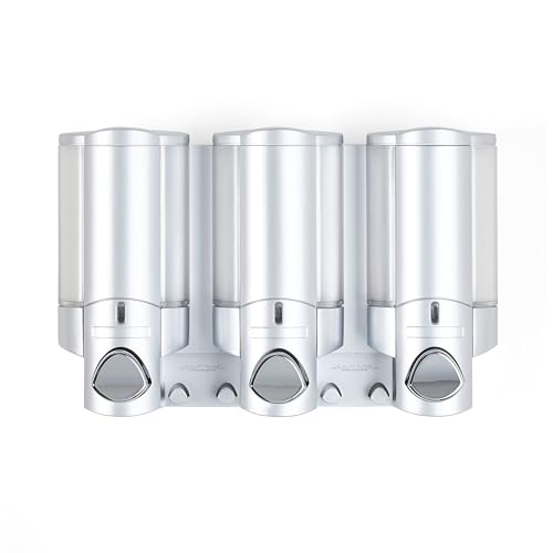 Better Living Aviva Wall Mount Shower Dispenser, 3 x 11 oz, Satin Silver | 3 Chamber, Shower Dispenser for Bathroom, Built-in Hooks, No Drill, Waterproof Dispenser Pump