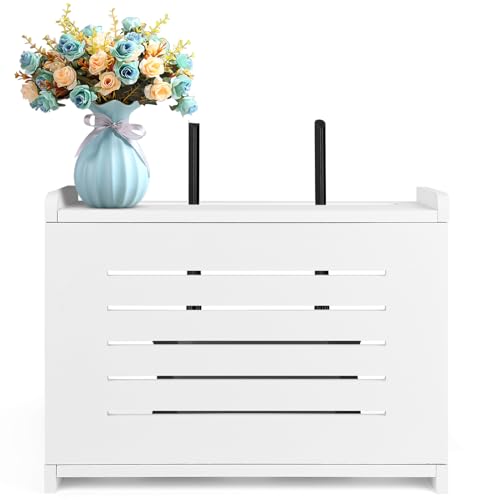 Router Shelf Wall Mount WiFi Router Storage Box Modem Cable Cover Organized Power Strip Cable Management Hider Rack By Solid Wood White