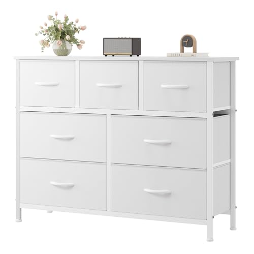 7 Drawer Closet Organizer, Storage Tower with Stur... (White | Fabric, Wood)