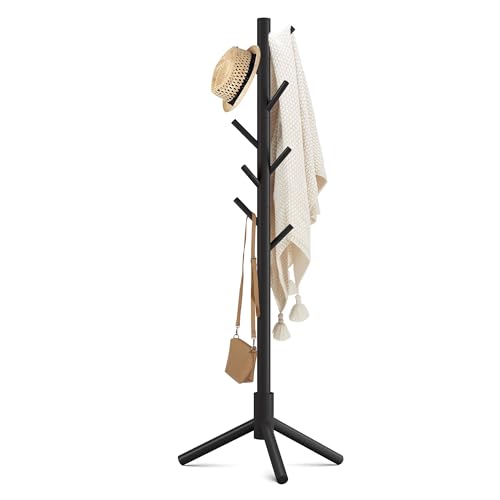 Haddockway Wooden Coat Rack Stand with 8 Hooks New Zealand Pine 3 Adjustable Coat Standing Tree Easy Assembly for Coats, Hats, Scarves and Handbags for Entryway, Hallway, Bedroom, Office
