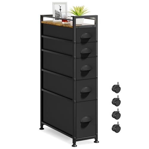LASZOLA Narrow Cabinet Slim Storage Cart for Bathroom Small Space, Black | 5 Tiers Skinny Rolling Organizer Shelf with Sturdy Fabric Drawers, Lightweight Mobile on Wheels, Between Washer and Dryer
