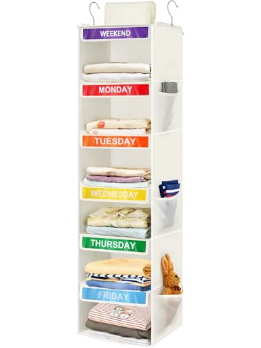6-Shelf Weekly Clothes Organizer for Kids, Hanging... (White-01 | Oxford fabric)