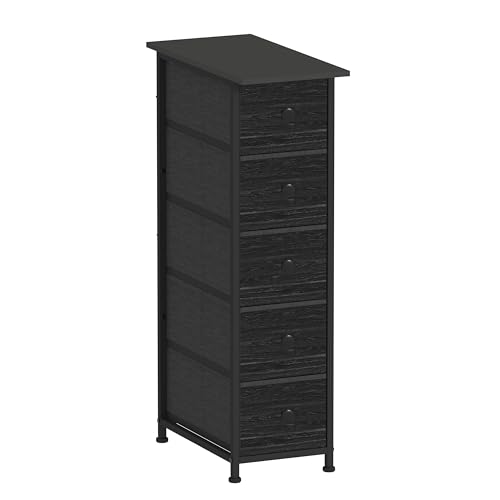 GiftGo Narrow Dresser Vertical Slim Dresser Chest of Drawers Skinny Storage Tower for Small Spaces Gaps Closet Bedroom Bathroom Small Fabric Drawer Unit (Charcoal Black, 5 Drawers)