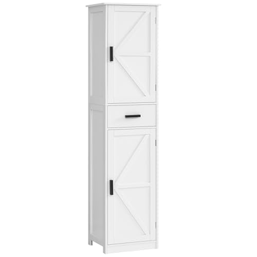WEENFON Tall Bathroom Cabinet, Storage Cabinet with 6 Shelves & Drawer, Bathroom Storage Cabinet with Adjustable Shelves, Tall Cabinet for Living Room, Home Office, White