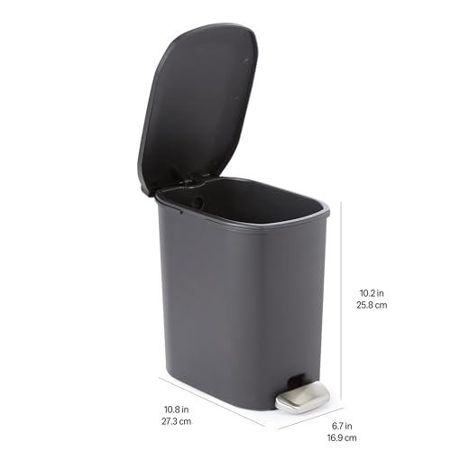 Amazon Basics Compact Plastic Bathroom Trash Can with Soft-Close Lid, Hands-Free Foot Pedal, Removable Inner Bucket, 6L / 1.6 Gallon, Black