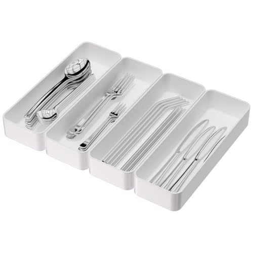 Stackable Utensil Organizer For Kitchen Flatware:... (4 Count | White | Plastic)