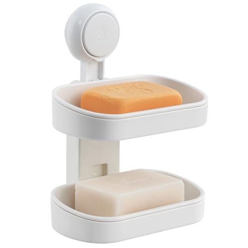 Soap Dish Holder for Shower, Double Layer Suction... (White | Plastic)