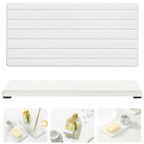 2PCS Water Absorbing Stone Drying Tray Mat for Bathroom Sink & Kitchen Counter Faucet Organizer, Quick Dry Dish Rack Soap Dispenser Sponge Holder, Vanity Sink Caddy Bar Coaster, Ivory White 8“x 4”