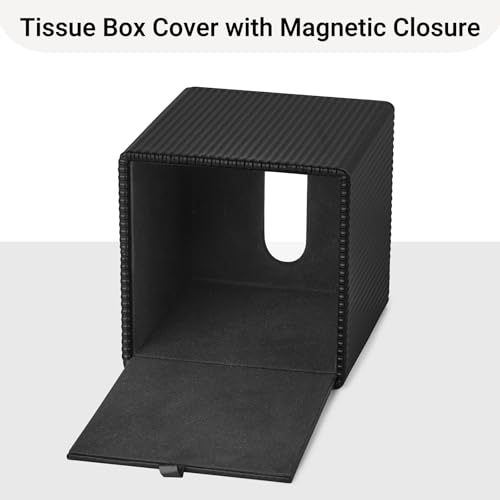 Mkono Tissue Box Cover, PU Leather Square Holder with Bottom, Black | Decorative Facial Cube Organizer, Vanity Dresser Countertop Tabletop, Bathroom Bedroom Office Nightstand, Home Decor Accent