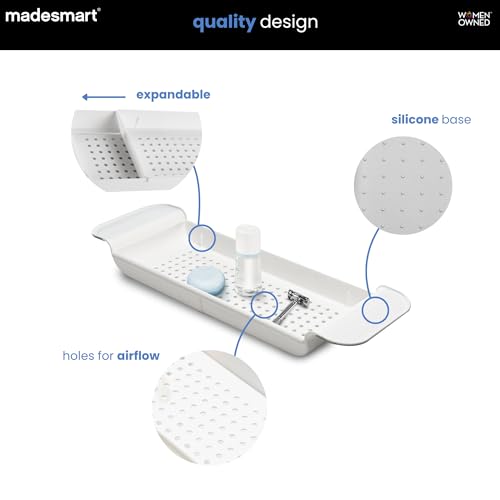 madesmart Expandable Bath Tray, White | adjustable tub fit, drainage holes, soft grip sides, soap razors toys, bathtub caddy, woman owned