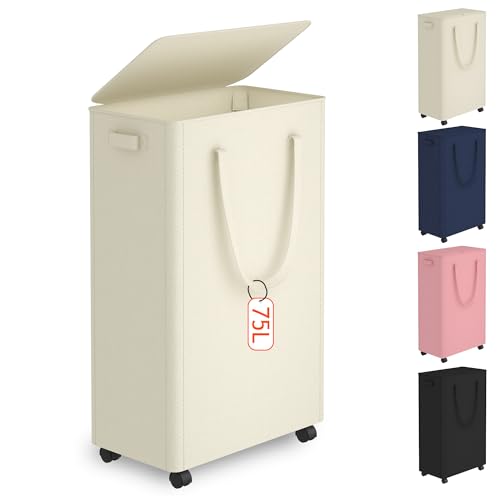 Slim Laundry Hamper with Wheels,20 Gal (75L) Rolli... (Beige | Metal, Oxford)