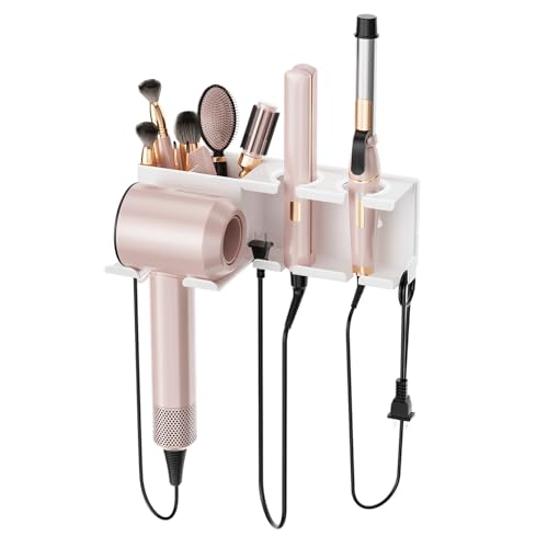 Hair Dryer Holder, Hair Tool Organizer Wall Mount, Adhesive or Drill, White | Blow Dryer Holder for Dryer Hook, Straightener Curling Irons Hairdryer Hair Appliance Hanger for Salon Bathroom Wall Storage