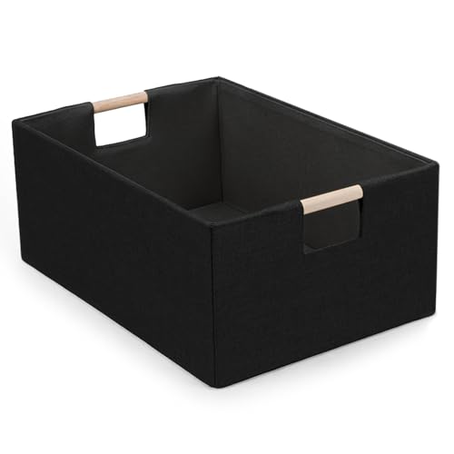 Foldable Fabric Storage Basket for Shelves, Linen Decorative Storage Bin with Wooden Handles, Small Organizer Cube for Closet, Rectangle Canvas Box for Organizing, Decor, 15x10.6x6 Inches (Blcak)