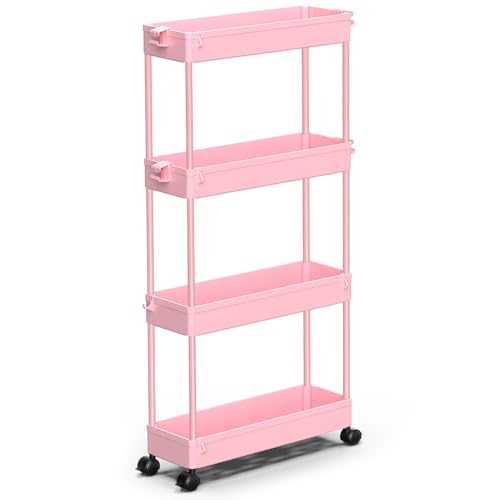 Slim Rolling Storage Cart, 4 Tier Bathroom Cart Or... (Pink | Plastic)
