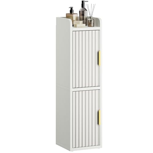 Yoobure Small Bathroom Storage Cabinet - Corner Floor Cabinet with 2 Doors & Adjustable Shelves, Narrow Slim Toilet Paper Cabinets, Skinny Bathroom Organizer for Small Space, 7.9" D x 7.9" W, White