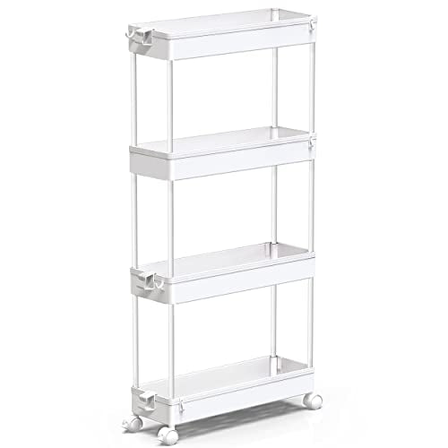 Slim Rolling Storage Cart, 4 Tier Bathroom Cart Or... (White)