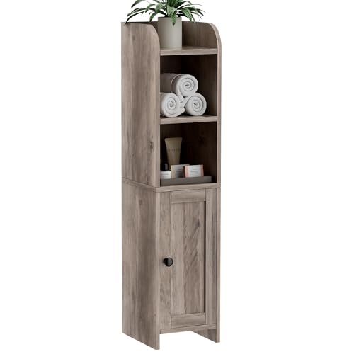 Homhedy Small Bathroom Storage Cabinet, Narrow Toilet Paper Cabinet | Corner Floor Cabinet with Door and Shelves, Slim Bathroom Cabinet for Small Spaces, 7.9" D x 7.1" W x 31" H, Greige