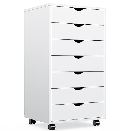 OLIXIS 7 Drawer File Cabinet on Wheels, Printer Stand | Fits Under Desks, Wood Storage Organization Holds Printer, Office Supplies, Not For Hanging Files, For Home Office Use White