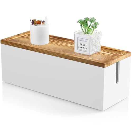 Large Cable Management Box, Wooden Cord Organizer... (White)