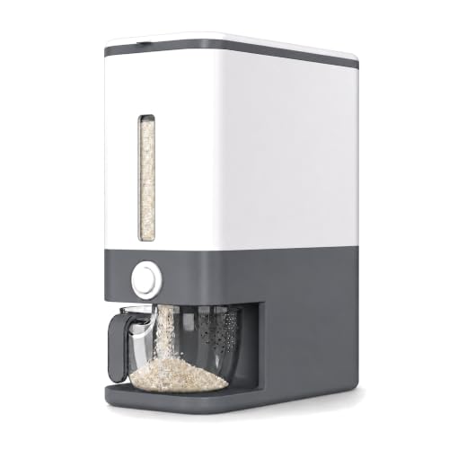 Proarea Rice Dispenser 25 Lbs, Airtight Grain Rice Storage Container with Measuring Cup, One-Touch Dry Food Dispenser for Kitchen Pantry, Clear Scale Window, Graphite Gray
