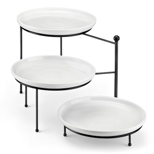 MALACASA Round 3 Tier Serving Tray, 10 Inch White Porcelain Dessert Stand | Round White Porcelain Trays with Black Metal Rack for Cupcakes, Cakes, Fruit and Appetizers, Removable, Dishwasher Safe