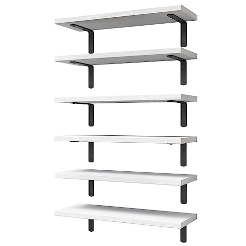 White Floating Shelves Set of 6,Wood for Bedroom,M...