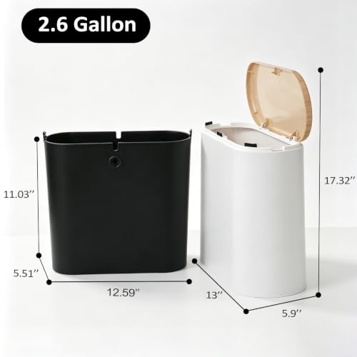 Small Bathroom Trash Can with Lid 2.6 Gallon, Slim Plastic White | Wastebasket, Odor & Pet Proof, Inner Bucket & Faux Wood Grain Top, For Kitchen, Bedroom, Living Room, Office, RV