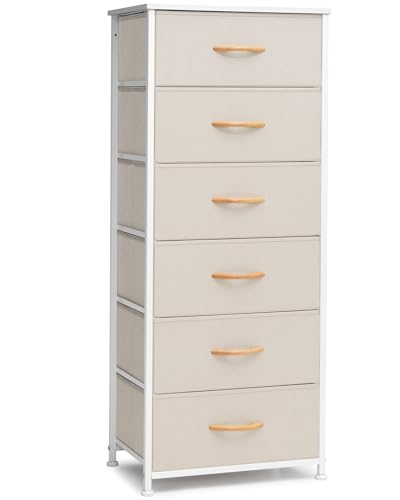 Tall 6-Drawer Fabric Dresser Tower for Closet, Vertical Storage, Beige | Sturdy Steel Frame, Wood Top and Easy Pull Fabric Bins Handles - Organizer Unit for Bedroom, Hallway, Entryway