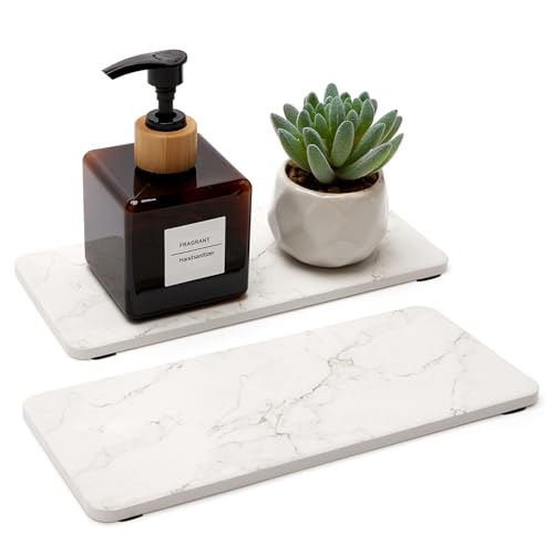 2 Water Absorbing Stone Drying Trays for Bathroom... (2 Count | White Marble)